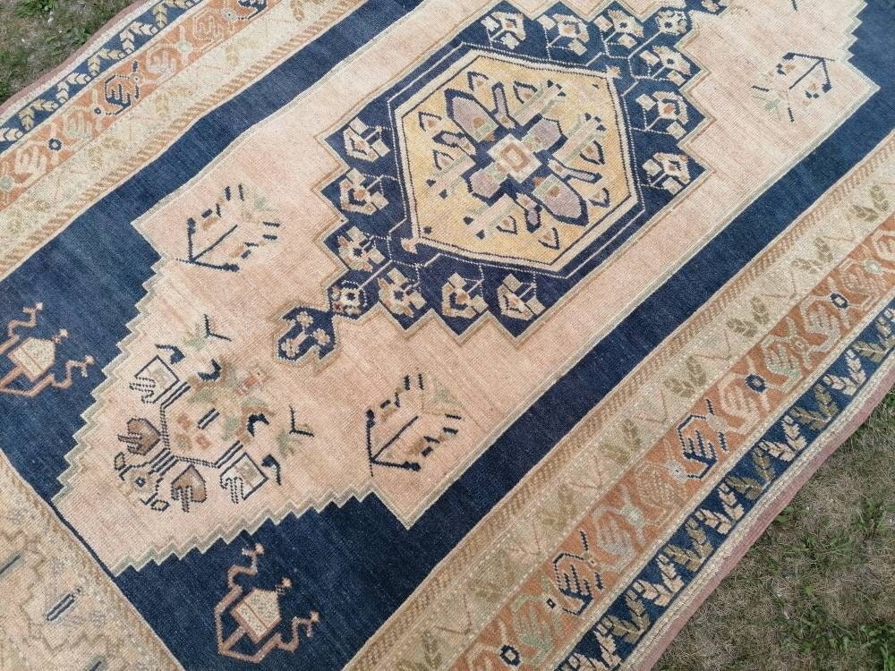 5'6x10 blue vintage rug, oushak wool rug , large anatolian rug,unique hand made
