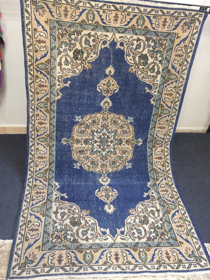 Oushak Rug 4 x 7 Turkish Rug Vintage Rug Hand Made Rug 7x4 wool rug Oriental Rug Blue living room rug