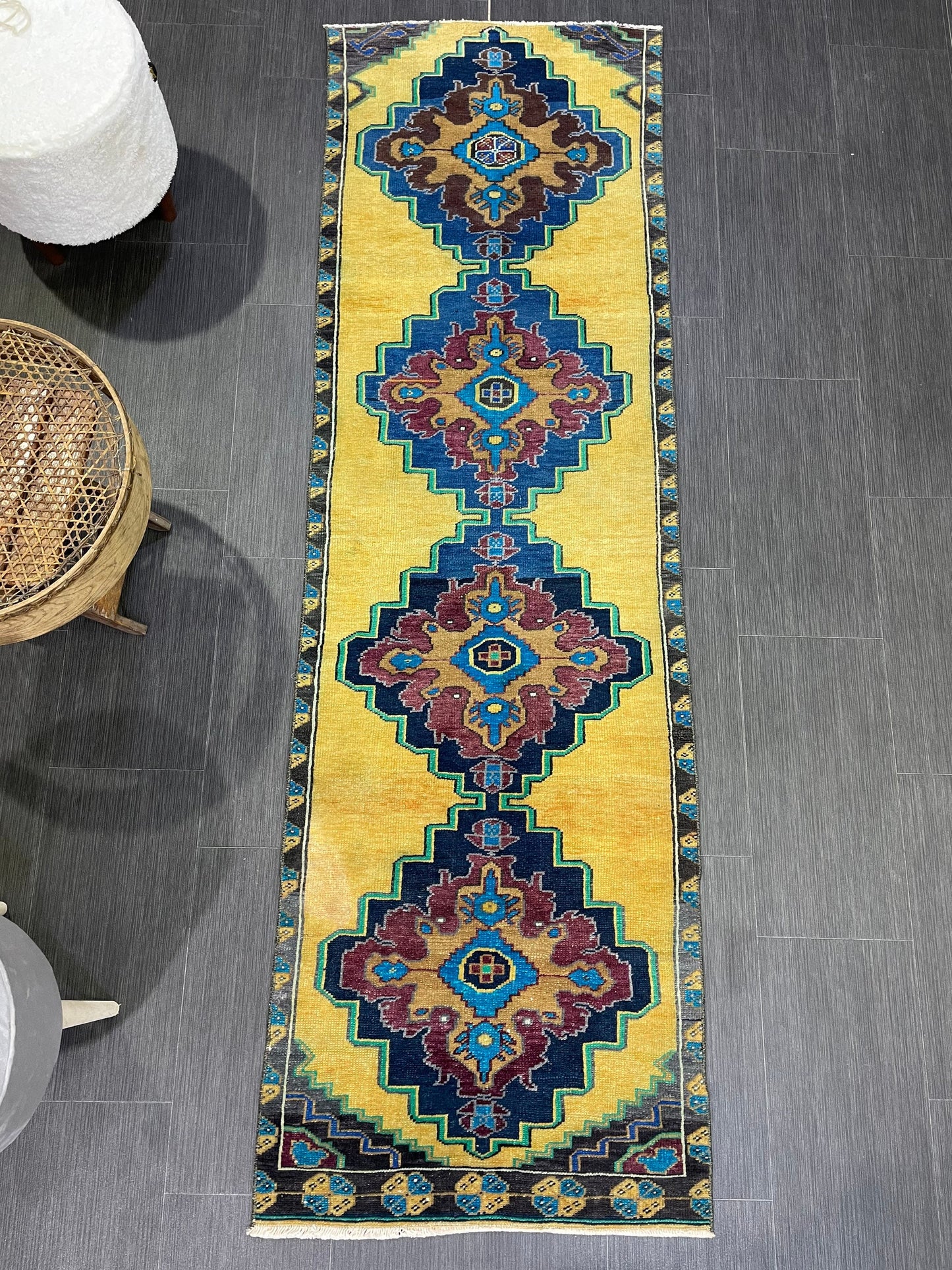 Wool Antique Runner Rug 2.2 x 7.2 Turkish Runner Rug Vintage Runner Rug Old Hallway Runner Rug Kitchen Runner Rug Yellow Wool Runner Rug