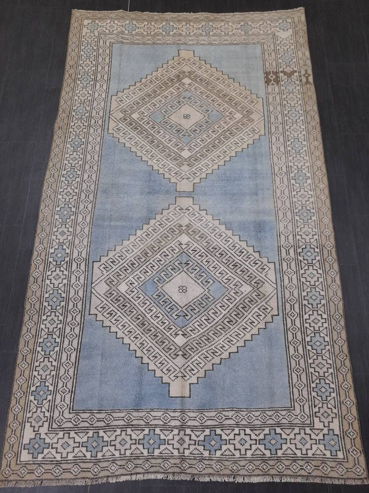 Quality Handmade Rug 4.8 x 8.4 Vintage Rug Oushak Rug Wool Boho Rug, Persian Rug Fun Turkish Rug LIGHT Blue Rug Ice Blue Oriental Wool rug