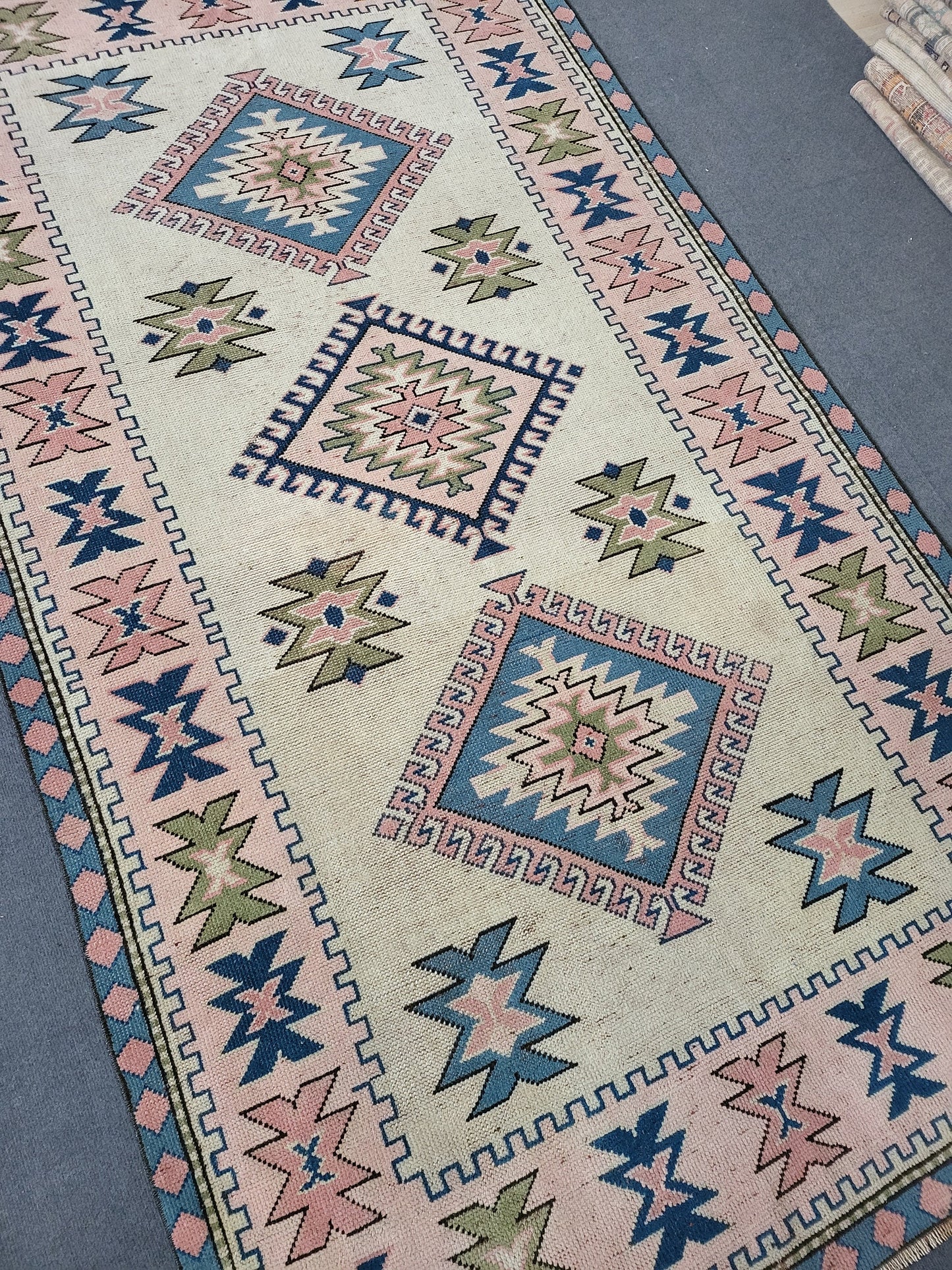 Hand Knotted Oushak Rug, Vintage 6 x 8.7 Rug, Handmade Turkish Rug, Persian Rug, Vintage Rug, Wool  Blue Large Rug