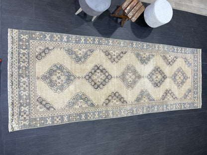 Hand Knotted Runner Rug Turkish Runner 3.8 x 10.8 Rug Vintage Gray Blue Runner Rug Hallway Runner Kitchen Runner Country modern Runner Rug