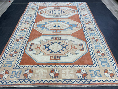 Large Oushak Rug, Vintage 6 x 8.4 Rug, Handmade Rug, Vintage Turkish Rugs, WOOL RUGS, High Quality Orange Hand Knotted Rug