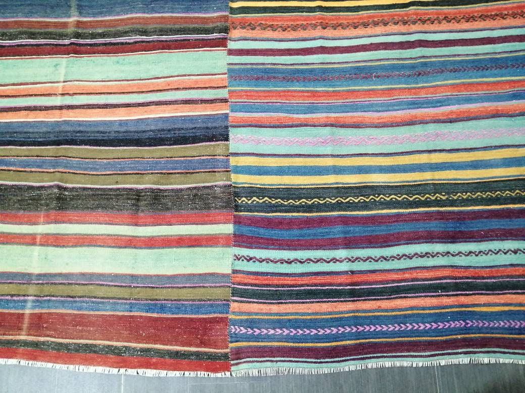 8.4 x 10 Oriental Vintage Flat woven Rug,  Flatweave Carpet , Stripped Flatweaving, Boho Rug, Farmhouse Rug, Turkish Kilim Rug