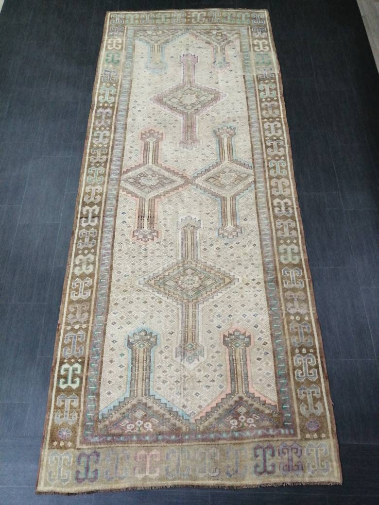 Vintage OUSHAK RUG 4.4 x 11 Vintage Rug Vintage Muted Rug Muted Wool Neutral Rug Hand Made Rugs Vintage Turkish Rug Kars Rug Oriental Rug