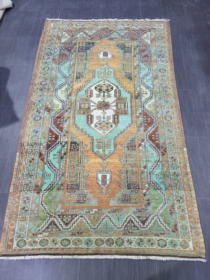 4.9 x 7.9 Rug, Handmade Rug, Oushak Rug,  Anatolian Rug, Hand Knotted Turkish Rug, burnt orange and turquoise Rug, Vintage Rug, Wool rug