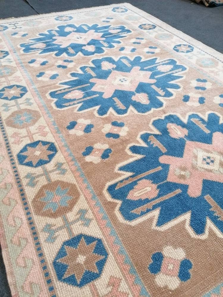 Turkish rug 4'5x7'3 blue and pink wool rug, vintage oushak rug, hand made living room rug