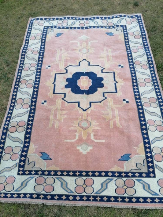 Turkish oushak rug, vintage blue rug,decorative turkish rug, 5'8x8turkish carpet, bohemian rug, hand made wool rug