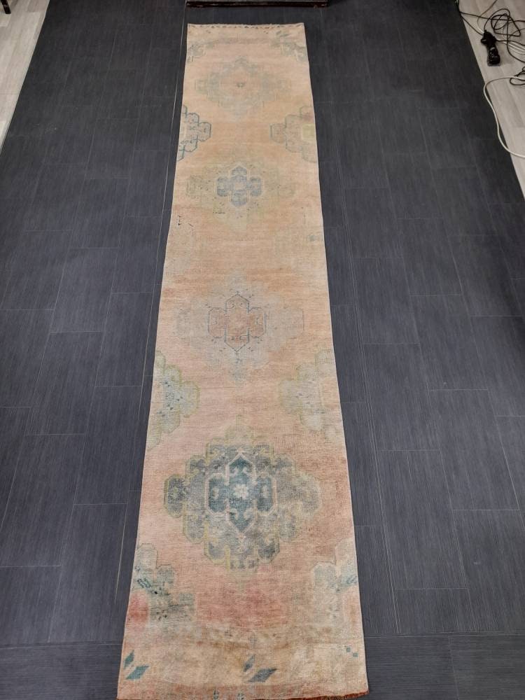 Hand Knotted Runner Rug Muted Turkish Runner Rug Vintage Runner Rug 2.6 x 12.8 Distressed Hallway Runner Kitchen Runner Rug Muted Runner Rug