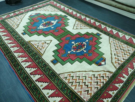 TURKISH Rug, wool Hand Made Rug, 6x9  Rustic Oushak Rug, Boho Rug, Vintage Blue and Green Rugs, Farmhouse Rug, Vintage Rug, Oushak Rug