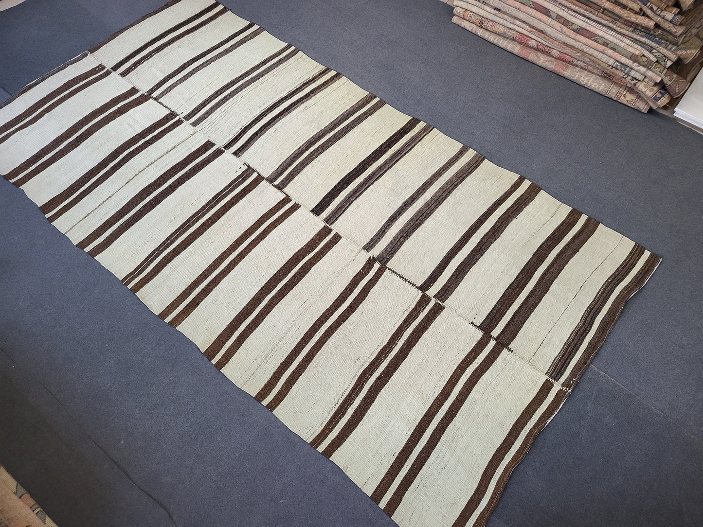 Neutral Vintage Rug Stripe  4.9 x 9.2 Wool Rug Muted Vintage Flat woven Rug Neutral Flatweave Carpet Stripped Rug Handmade Rug Turkish Kilim