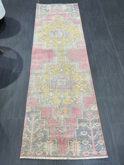 Distressed VINTAGE Rugs, Handmade 2 x 6.7 Runner Rug, Oushak Rug, Wool Rustic Runner Rug, Antique Runner Rug, Turkish Rug, Short Runner Rug,