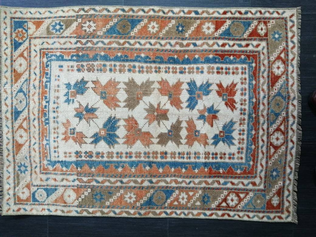 Vintage Floral Rug Hand Made Rug, 2.7 x 4.7 Modern Oushak Rug,  Boho Leaves Rug, Fun Turkish Rug, Farmhouse Rug, Vintage Wool rug