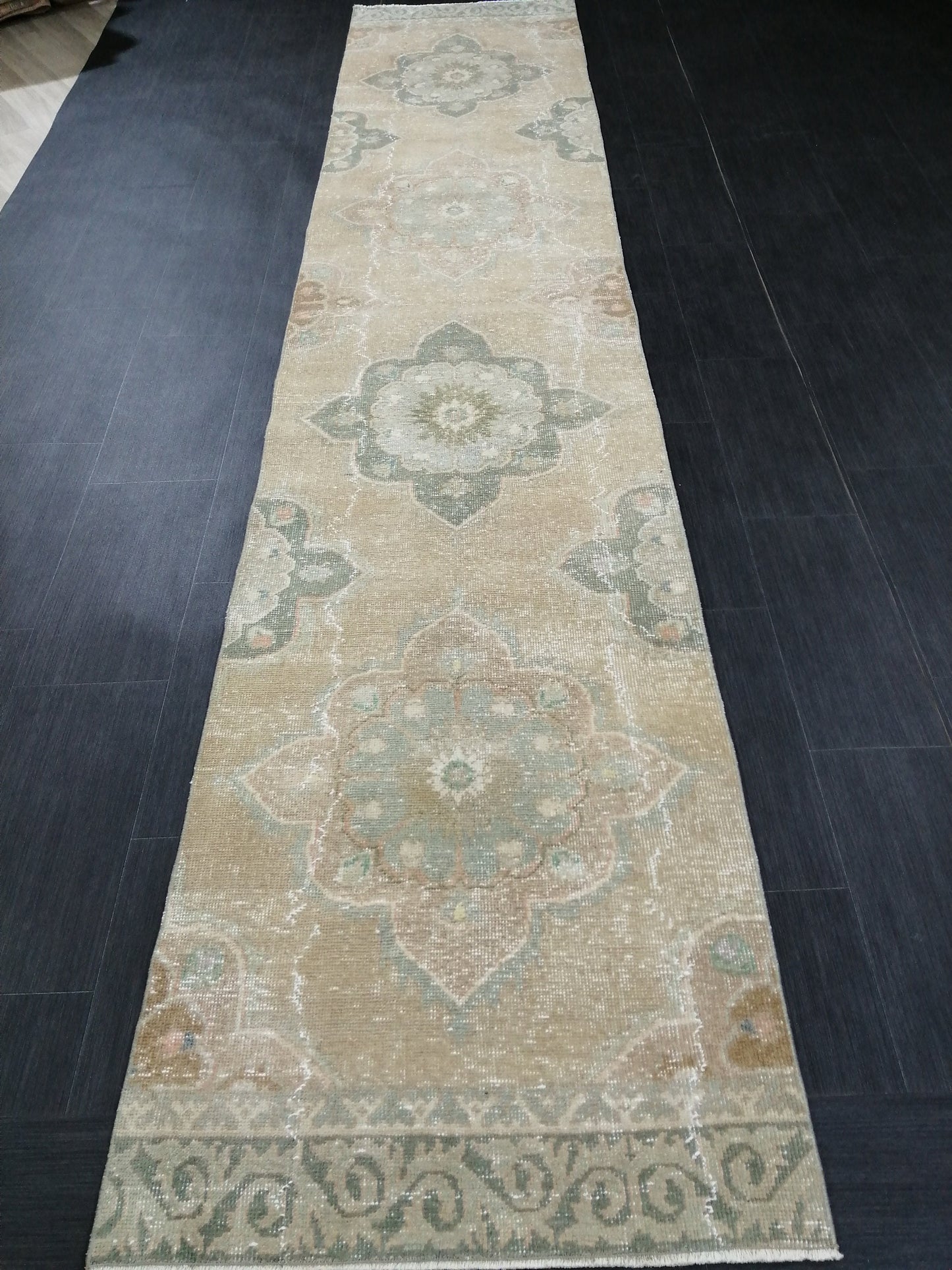 Muted Vintage Runner Rug 2.5 x 12.5 Hallway Runner Rug  Kitchen Runner Rug Wool Runner Rug Oushak Runner Rug Turkish Runner Rug
