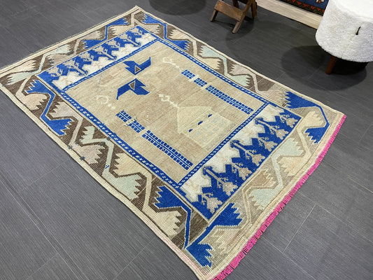 Muted Rugs, Handmade 3.3 x 5 Rug, Blue Oushak Rug, Rustic Rug, Hand Knotted Turkish Rug, Farmhouse Rug, Vintage Rug, Wool rug