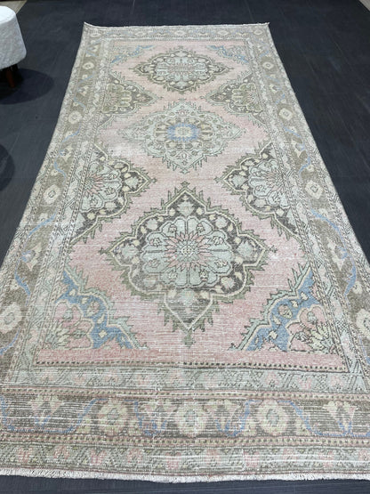 Muted Vintage Runner Rug, Hallway Runner 4.5 x 10 Rug, Kitchen Runner Rug, Muted Wool Runner Rug Muted Distressed Turkish Runner