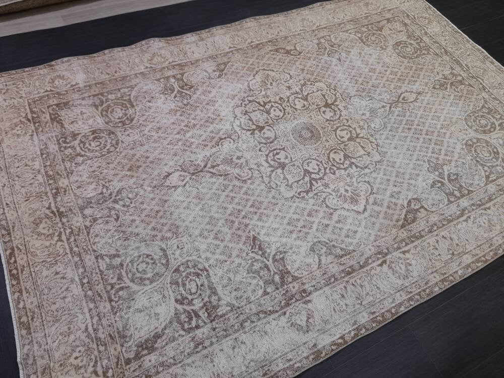 NEUTRAL PERSIAN RUG 6.7 X 10.2 Muted Oushak Rug Vintage Oushak Rug Vintage  Rug Wool Hand Made Rug Vintage Persian Rug Vintage Oriental Rug