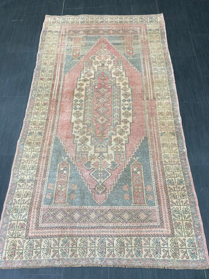 Vintage Handmade Rug Muted  3.8 x 7 Vintage Rug Wool Oushak Rug Hand Made Rugs Vintage Turkish Rug Living Room Rug