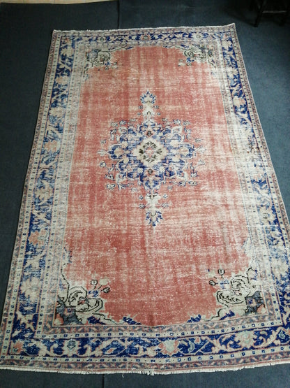6.2 x 9.8 Large Area OUSHAK RUG TURKISH Oushak Rug Vintage Blue Orange Rug Distressed Wool Oriental Rug Hand Made Rugs Vintage Turkish Rug