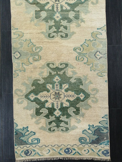 Muted Oushak Runner Rug 10.9 x 2.4 Vintage Runner Rug Hallway Runner Rug Kitchen Runner Rug Wool Runner Rug Wool Oushak Rug