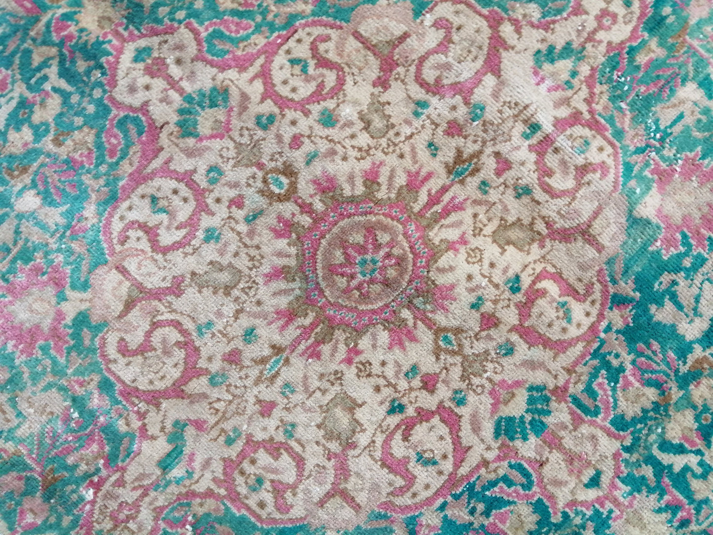 7 x 9.5 Persian RUG Vintage TURKISH Pink Green Oriental Rug Vintage  Vintage Runner Rug Wool Oushak Rug Handmade Rug Hand Knotted Rug