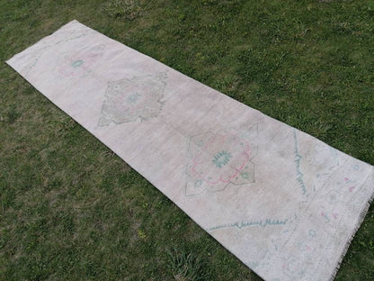 Faded runner wool rug 2'10x10'7 muted runner handmade rug, hallway runner rug, kitchen runner, bohemian runner, vintage runner rug,