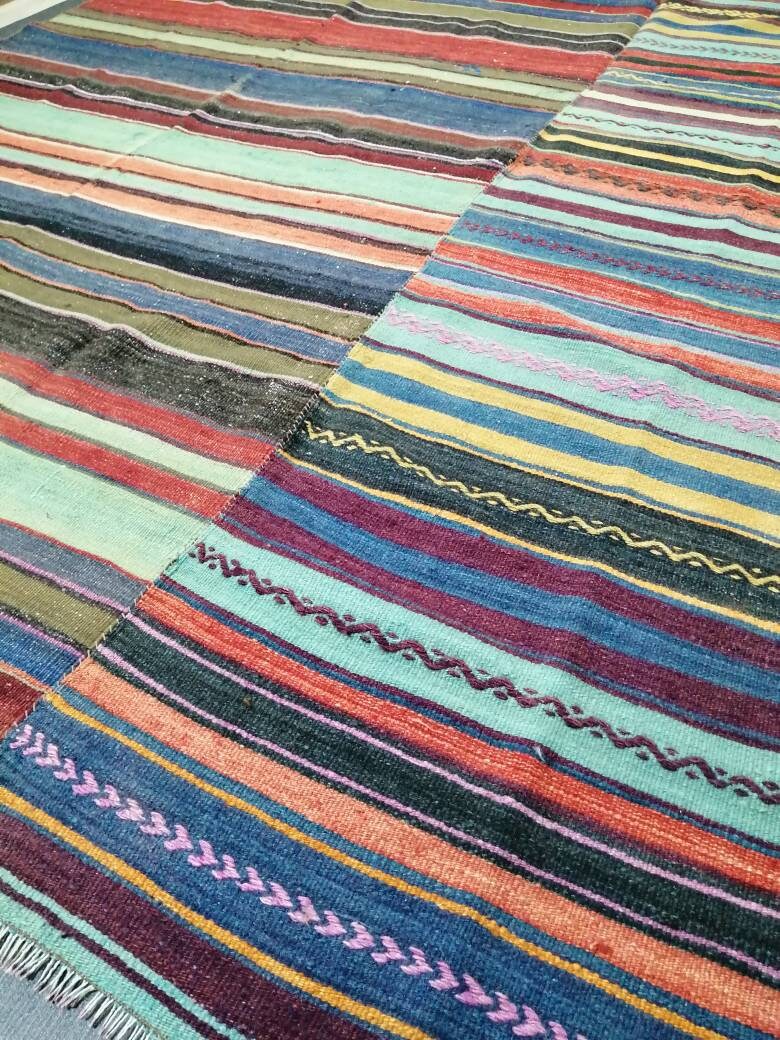 8.4 x 10 Oriental Vintage Flat woven Rug,  Flatweave Carpet , Stripped Flatweaving, Boho Rug, Farmhouse Rug, Turkish Kilim Rug