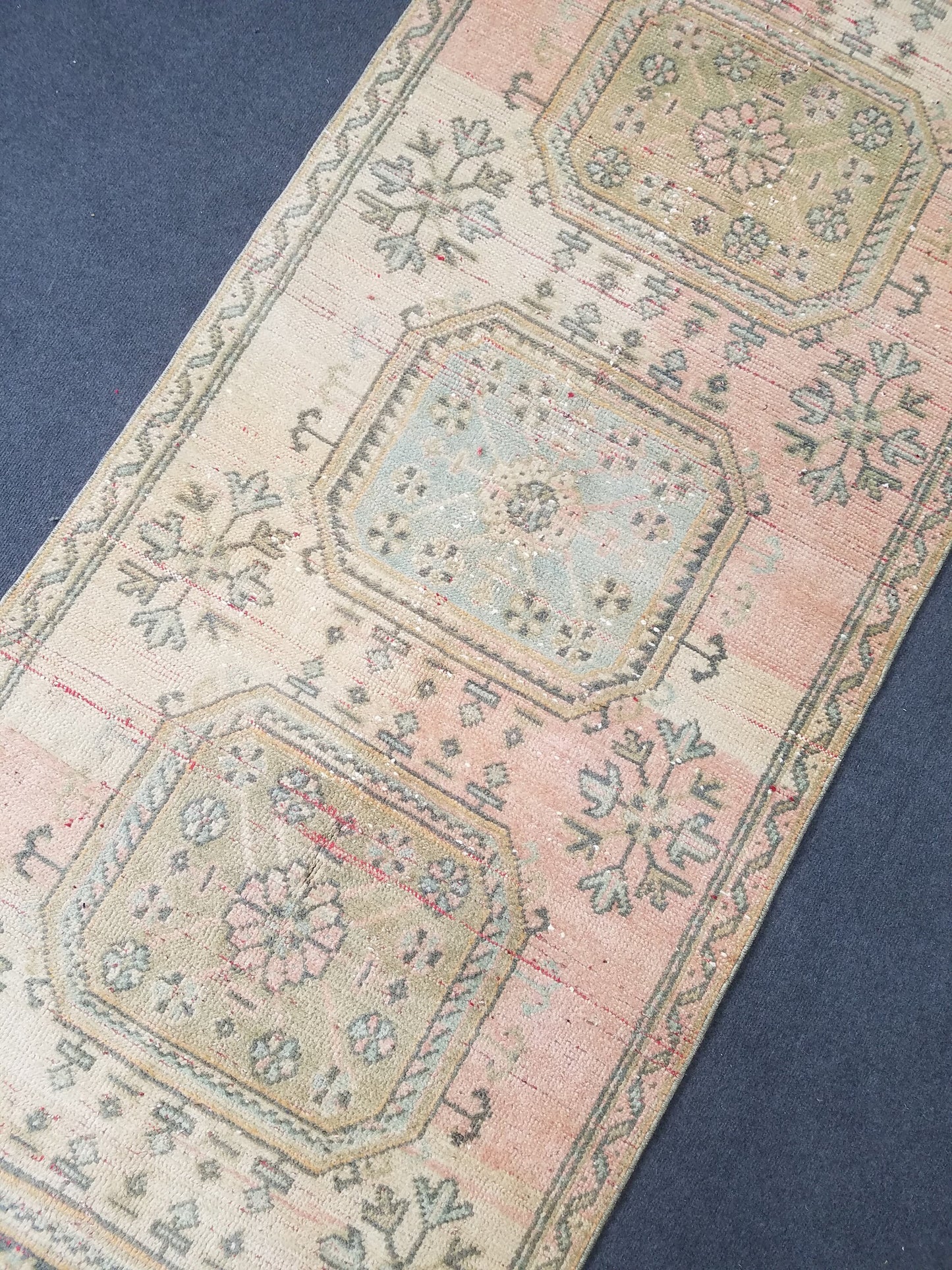 11'x3'2 oushak turkish runner rug, vintage runner rug, vintage oushak runner, vintage anatolian  runnerrug,unique hand made rug,kitchen rug