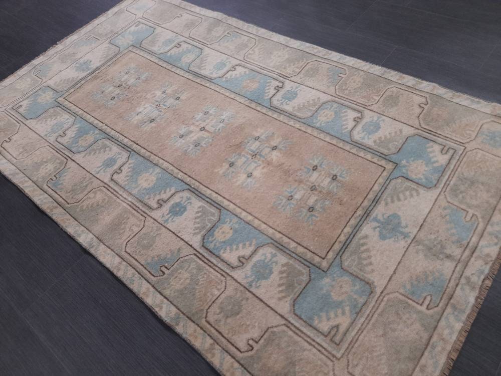 Muted Vintage Turkish Rug 3.5 x 6  Oushak Rug, Wool Oriental Rug, Blue Muted Vintage Persian Rug, Hand Made Rug Blue Vintage Wool Rug