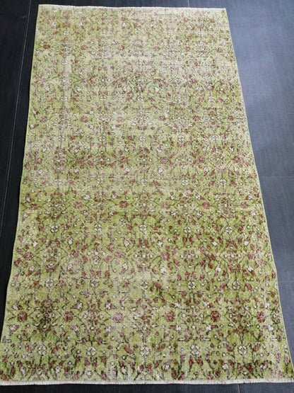 Vintage Green Rug Hand Made Rug, 3.6 x 6.5  Modern Oushak Rug,  Boho Leaves Rug, Fun Turkish Rug, Farmhouse Rug, Vintage Wool rug