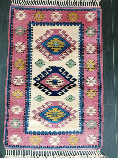 4.3X2.9 PINK AND NAVY Rug Hand Made Rug, High Pile Oushak Rug,  3x4 Boho Rug, Rug Runner, Plush Turkish Rug, Farmhouse Rug, Vintage Wool rug