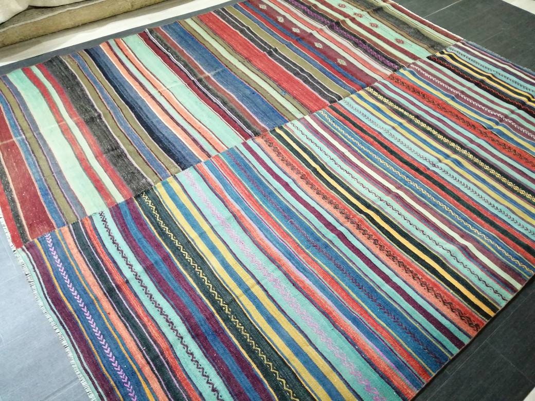 8.4 x 10 Oriental Vintage Flat woven Rug,  Flatweave Carpet , Stripped Flatweaving, Boho Rug, Farmhouse Rug, Turkish Kilim Rug