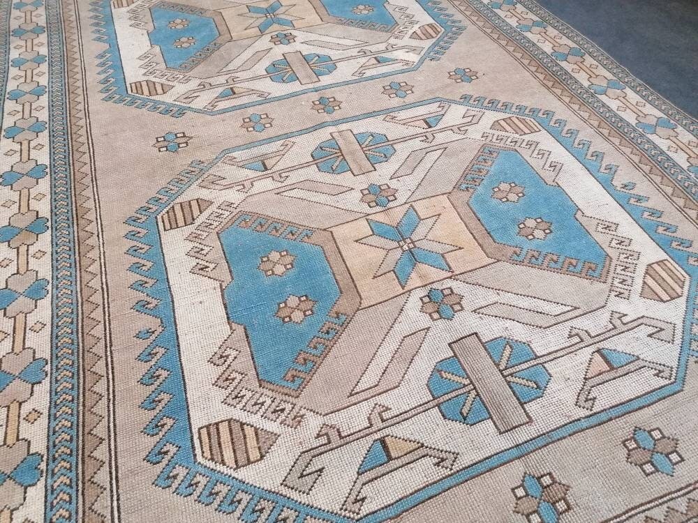 7x10'8 large area oushak rug, living room hand made rugs vintage blue turkish wool rug