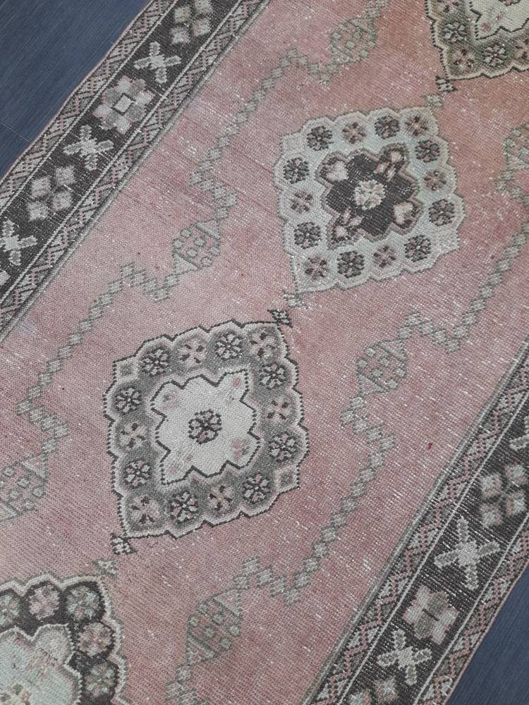 Muted Turkish Runner Rug 4.2 x 11 Muted Vintage Runner Rug Hand Made Runner Rug Pink Vintage Runner Rug Hallway Runner Rug Distressed Runner