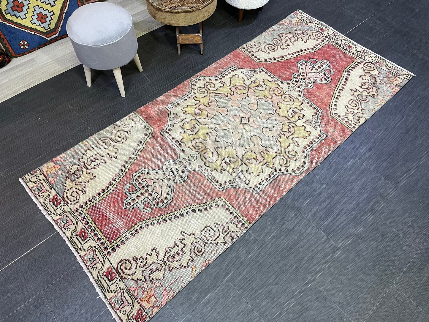 Turkish Rug, 3.3 x 7.7 Vintage Rug,Handmade Oushak Rug, Farmhouse Rug, Wool Hand Knotted Rug, Traditional Rug, Vintage Turkish Rug