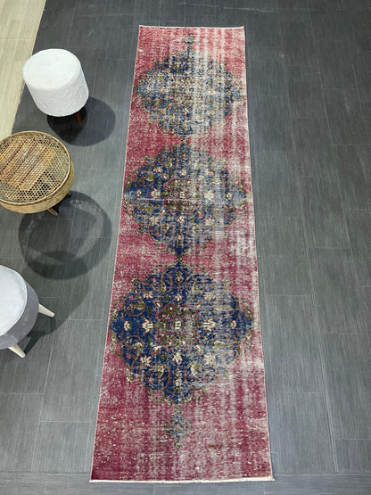 DISTRESSED Oushak Runner Rug, Turkish Runner 2.9 x 12.2 Rug, Vintage Runner Rug, Hallway Runner Rug, Kitchen Runner Rug, Wool Runner Rug