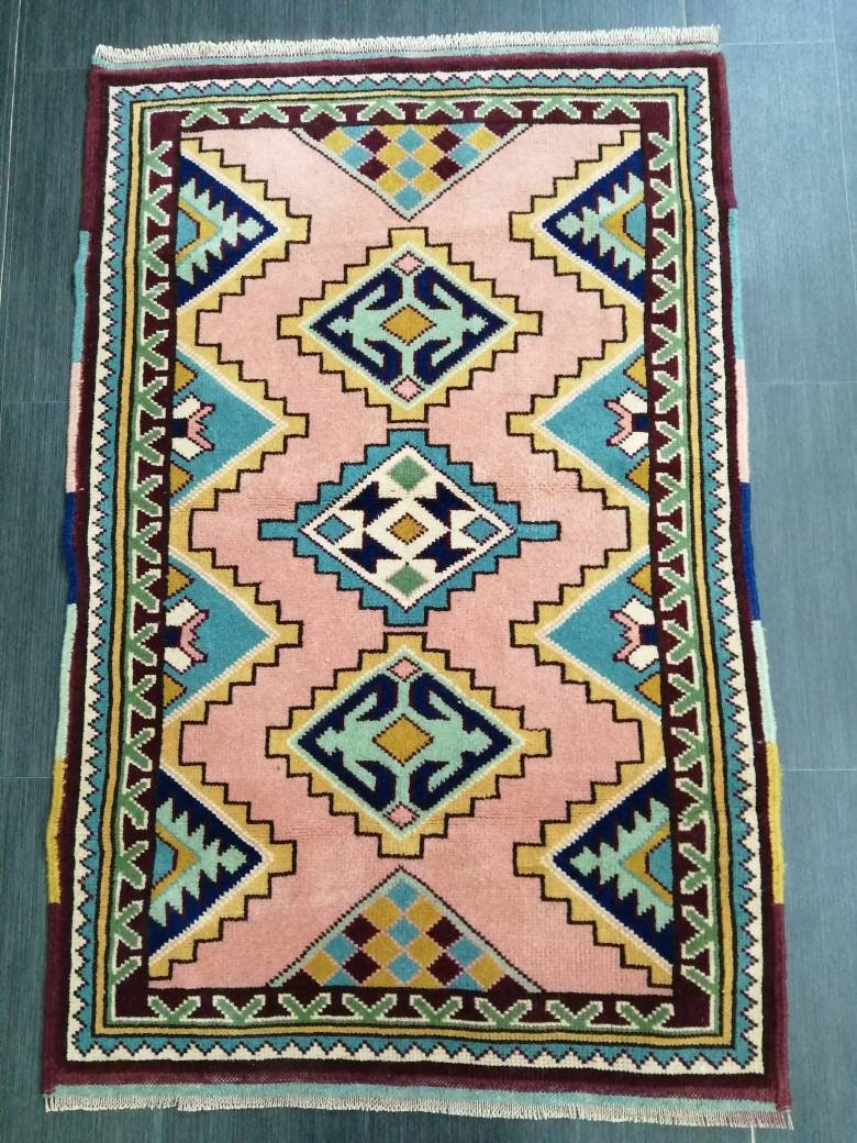 3 x 4.5 PINK AND NAVY Rug Hand Made Rug, High Pile Oushak Rug,  Boho Rug, Oriental Rug Plush Turkish Rug, Farmhouse Rug, Vintage Wool rug