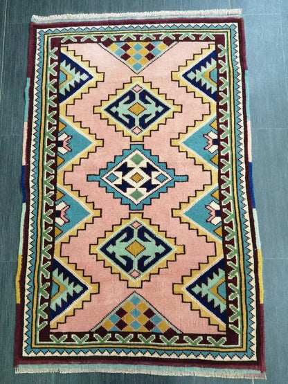 3 x 4.5 PINK AND NAVY Rug Hand Made Rug, High Pile Oushak Rug,  Boho Rug, Oriental Rug Plush Turkish Rug, Farmhouse Rug, Vintage Wool rug
