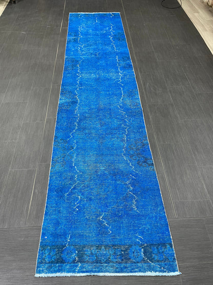 Blue Oushak Runner Rug 2.6 x 11.6 Turkish Runner Rug  Overdye Vintage Runner Rug Hallway Runner Kitchen Runner Rug Wool Staircase Runner Rug