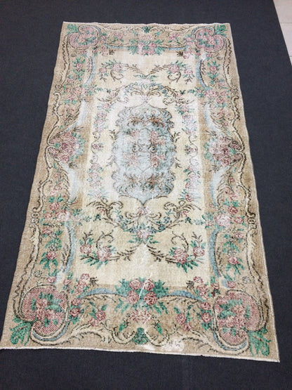 Vintage Rug Hand Made Oushak Rug Distressed  Rug Wool Turkish Rugs