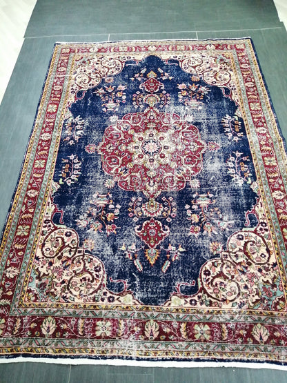 Blue Floral Rug Distressed Vintage Rug 9.9 x 6.9 Vintage Rug Wool Oushak Rug Hand Made Rugs Vintage Turkish Rug