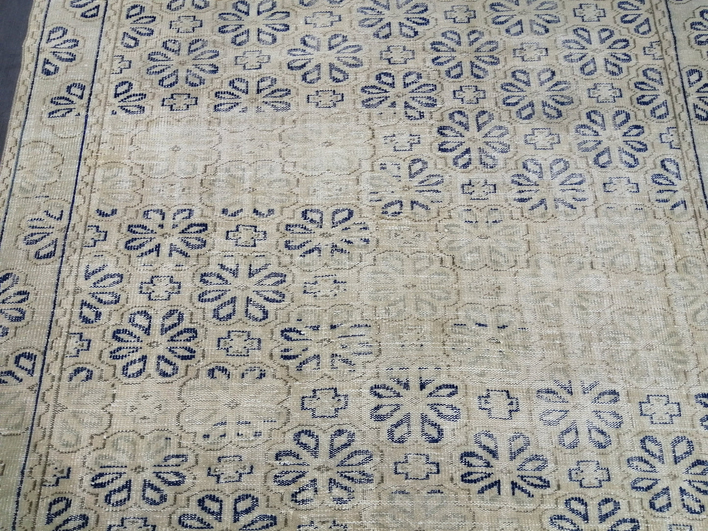 Blue Floral Rug Distressed Vintage Rug Muted 6.8 x 9.4 Vintage Rug Wool Oushak Rug Hand Made Area Rugs Vintage Turkish Rug