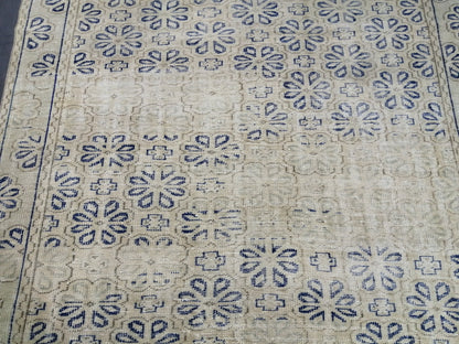 Blue Floral Rug Distressed Vintage Rug Muted 6.8 x 9.4 Vintage Rug Wool Oushak Rug Hand Made Area Rugs Vintage Turkish Rug