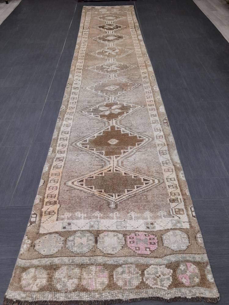Neutral Vintage Runner Rug 2.6 x 13.4 Muted Turkish Runner Rug Oriental Runner Rug Hallway Runner Rug Kitchen Runner Rug XL Persian Runner