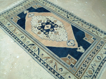 4.4 X 9.8 Vintage RUG Navy Blue TURKISH Oushak Rug Vintage Oushak Runner Rug  Wool Oushak Rug Hand Made Rugs  Turkish Rug