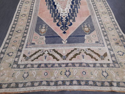 Blue and Pink Vintage Rug 5.2 x 10 Authentic Turkish Oushak Rug Hand Knotted Rug Rustic Rug, Wool Turkish Rug 5x10 Rug Oriental Rug