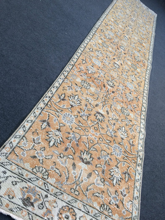 Hand Knotted Runner Rug, Vintage 2x10 Runner Rug,Handmade Oushak Runner Rug,Distressed Runner Rug, Antique Runner Rug.