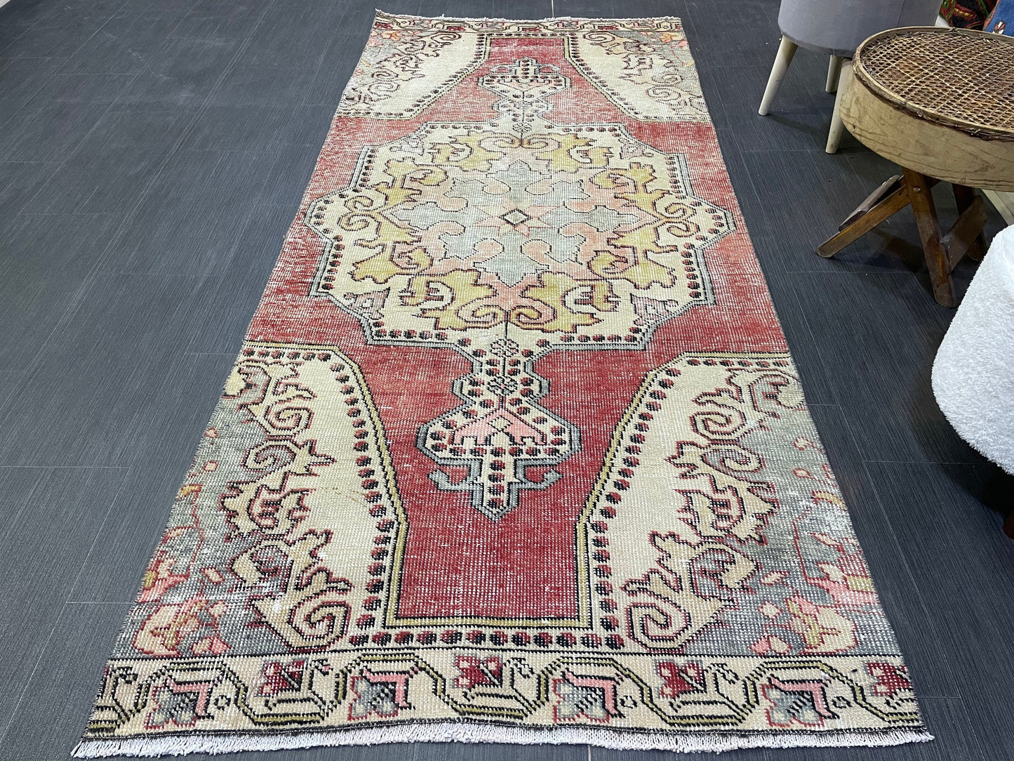 Turkish Rug, 3.3 x 7.7 Vintage Rug,Handmade Oushak Rug, Farmhouse Rug, Wool Hand Knotted Rug, Traditional Rug, Vintage Turkish Rug