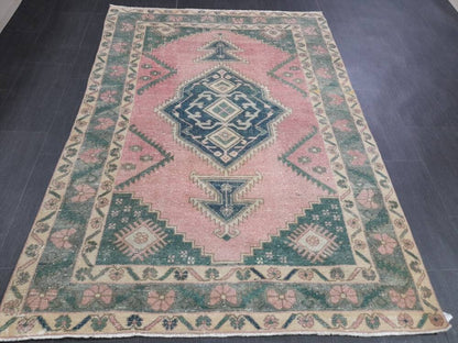 Vintage Oriental RUG Muted 4.6 x 6.4 Vintage TURKISH Rug Muted Vintage Persian Rug Vintage Wool Pink and Green Rug Muted Hand Made Rug