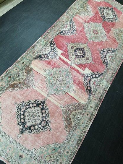 Vintage Runner 4.8 x 12.4 TURKISH Muted Runner Rug Vintage Oushak Runner Rug Light Pink Runner Rug Wool Oriental Runner Antique Runner Rug